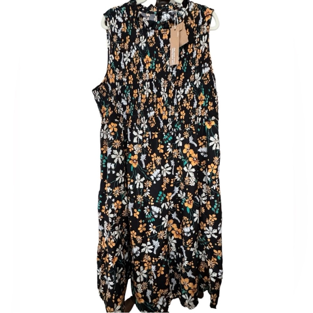 BloomChic Floral Shirred Mock Neck Cut Out Pocket Ruffle Hem Dress 22/24…